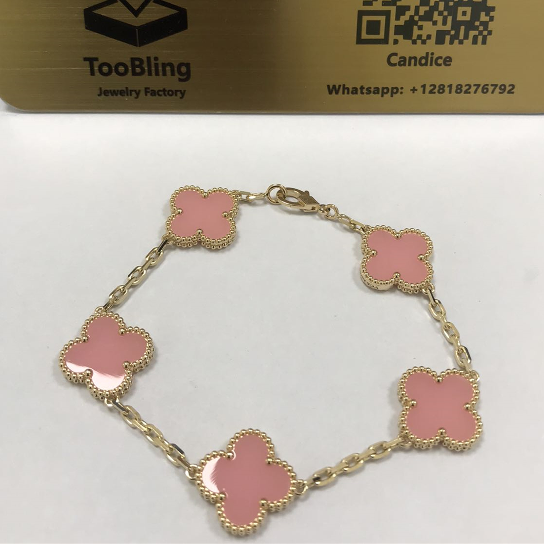 Copy VCA 5 Motifs Pink Opal 18K Yellow Gold Vintage Alhambra Bracelet