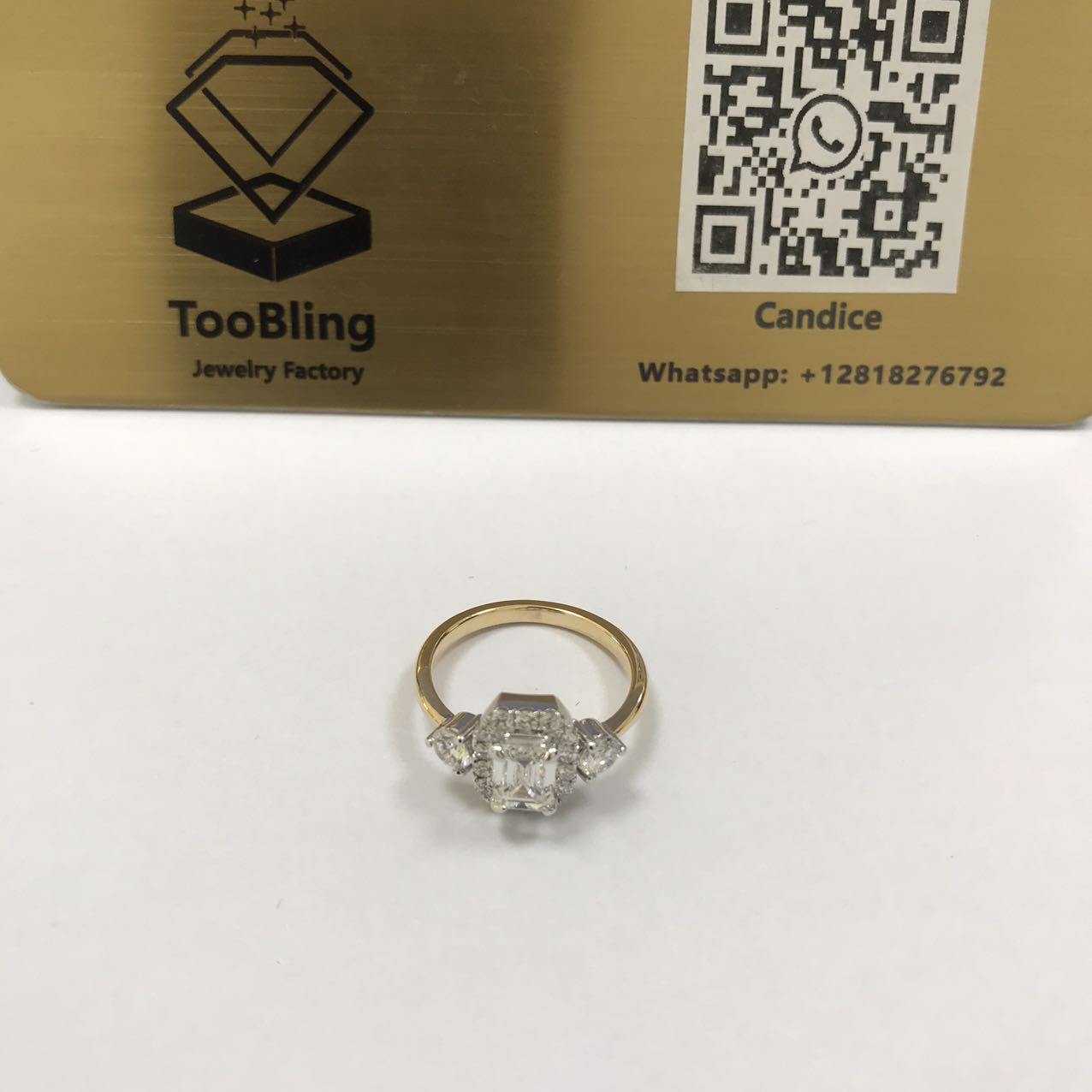 Custom Real Gold 3 Gemstone Anniversary Unique Emerald Cut Elegant Ring