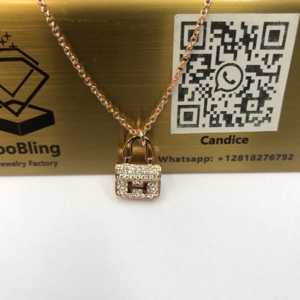 Hermes 18K Gold Constance Amulette Bag Pendant Diamond Necklace
