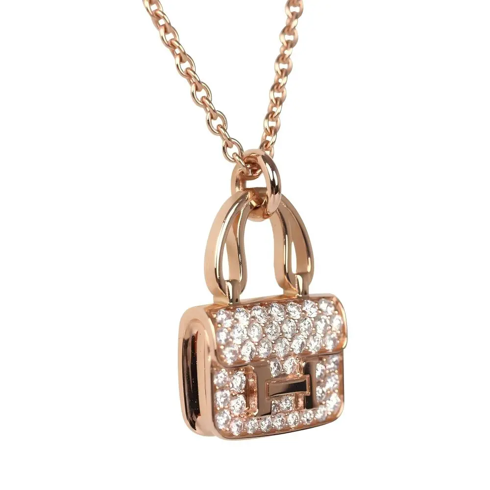 Hermes 18K Gold Constance Amulette Bag Pendant Diamond Necklace Hermes 18K Gold Constance Amulette Bag Pendant Diamond Necklace