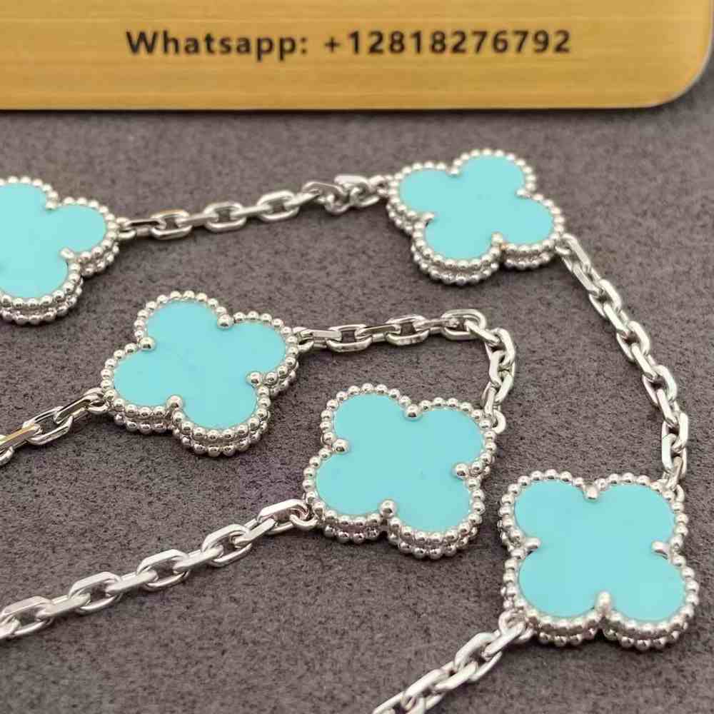 Van Cleef and Arpels Turquoise Alhambra Necklace 18K White Gold (2) Van Cleef and Arpels Turquoise Alhambra Necklace 18K White Gold