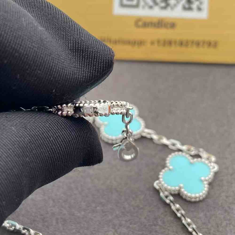 Van Cleef and Arpels Turquoise Alhambra Necklace 18K White Gold (4) Van Cleef and Arpels Turquoise Alhambra Necklace 18K White Gold